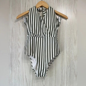 Cremieux Stripped Olive Green Faux Wrapped One Piece Swimsuit Size S EUC